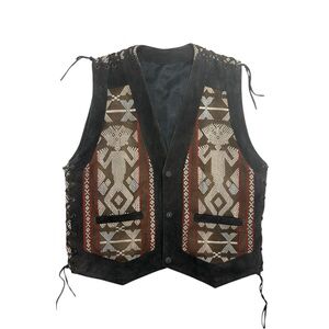 70s Vintage Leather & Southwestern Woven Festival Vest Lace-Up Sides